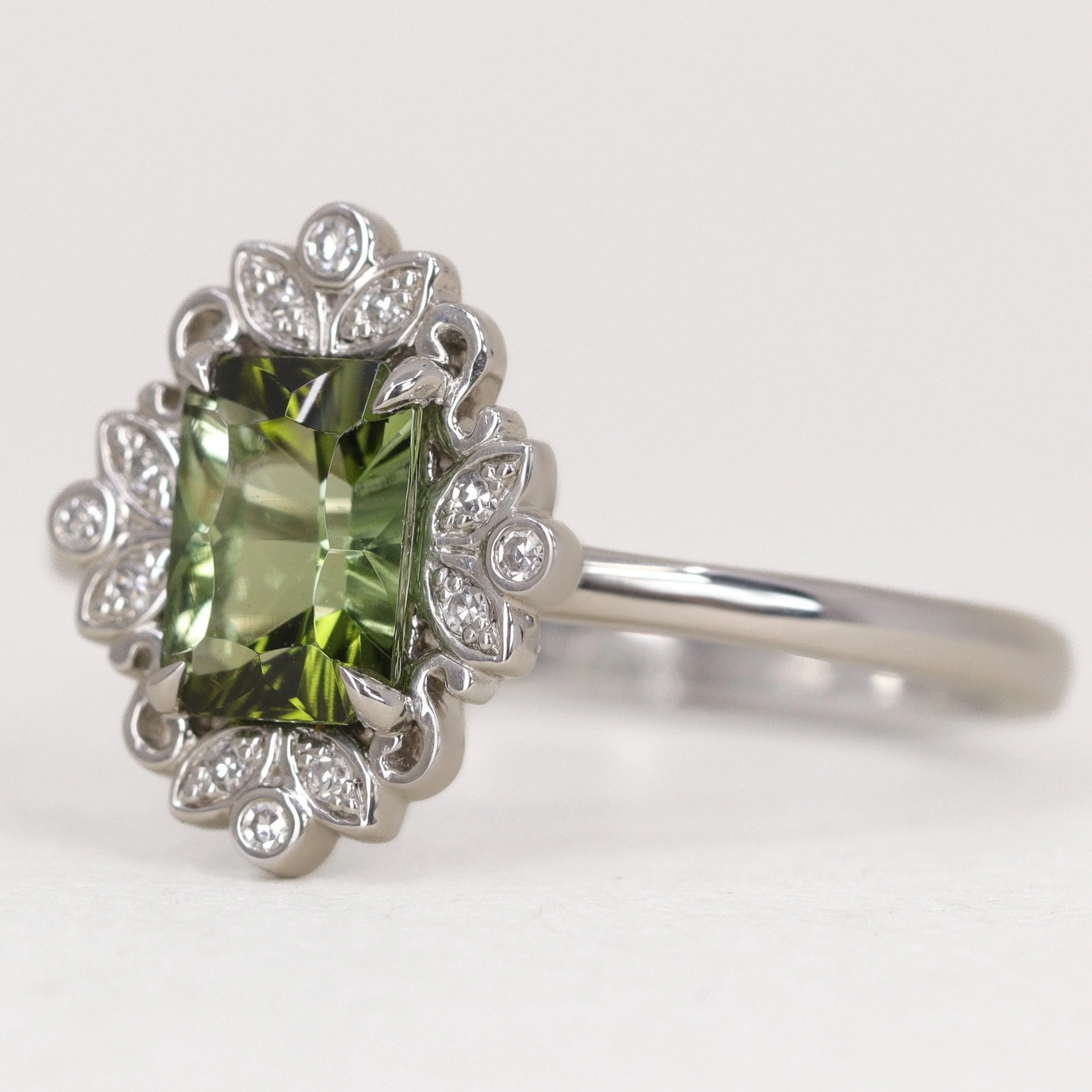 Annette - Emerald Cut Tourmaline Floral Halo Custom Engagement Ring - Image 7
