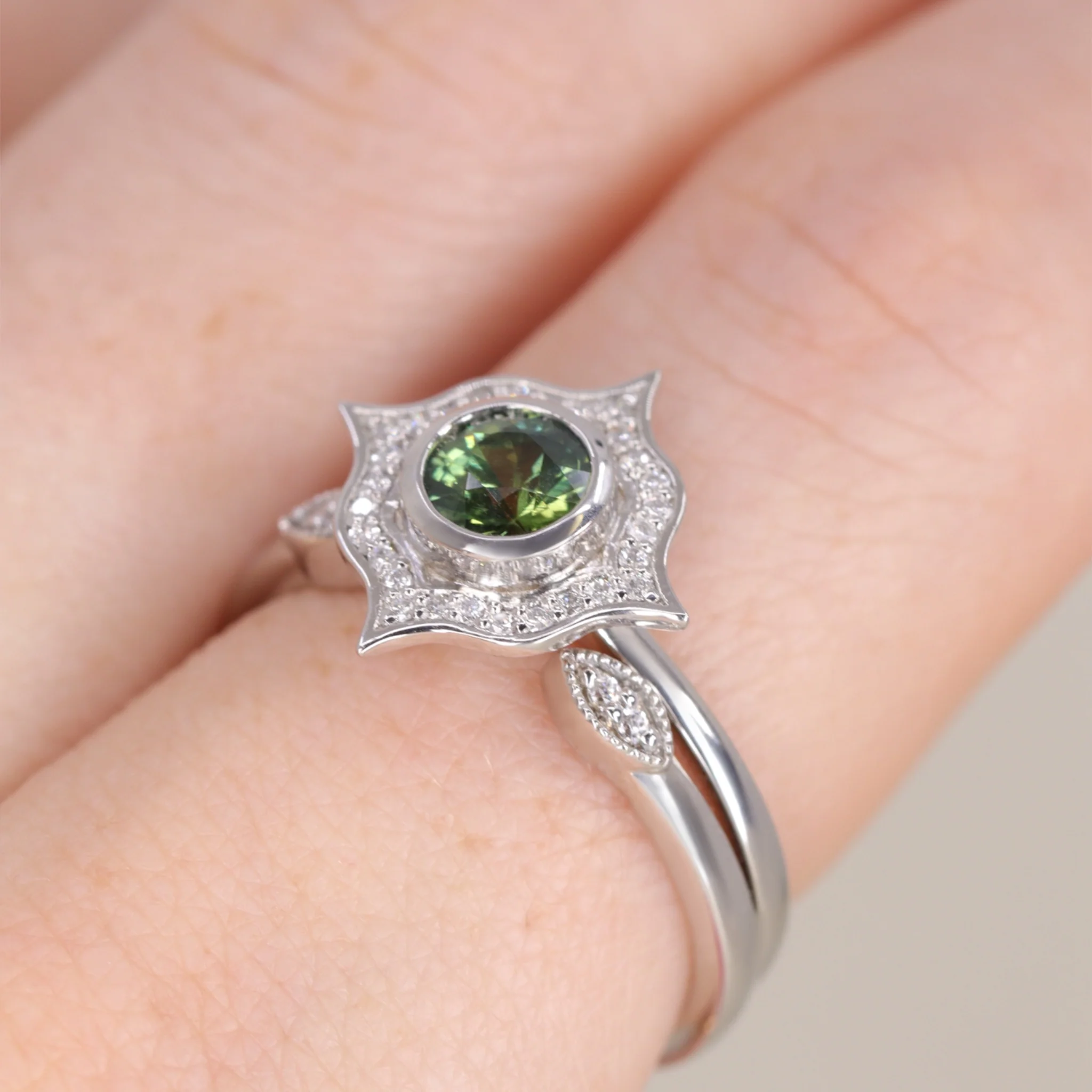Antonia - Green Sapphire Art Deco Halo Engagement Ring - Ready-to-Wear - Image 4