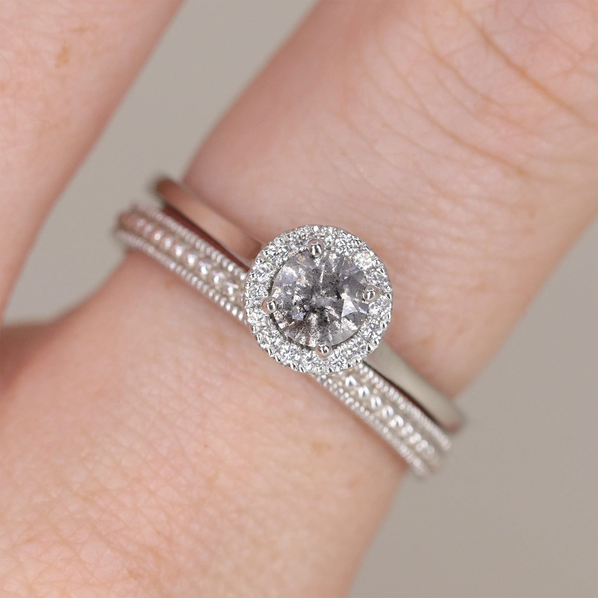 April - Petite Salt & Pepper Diamond Halo Engagement Ring - Ready-to-Wear - Image 5