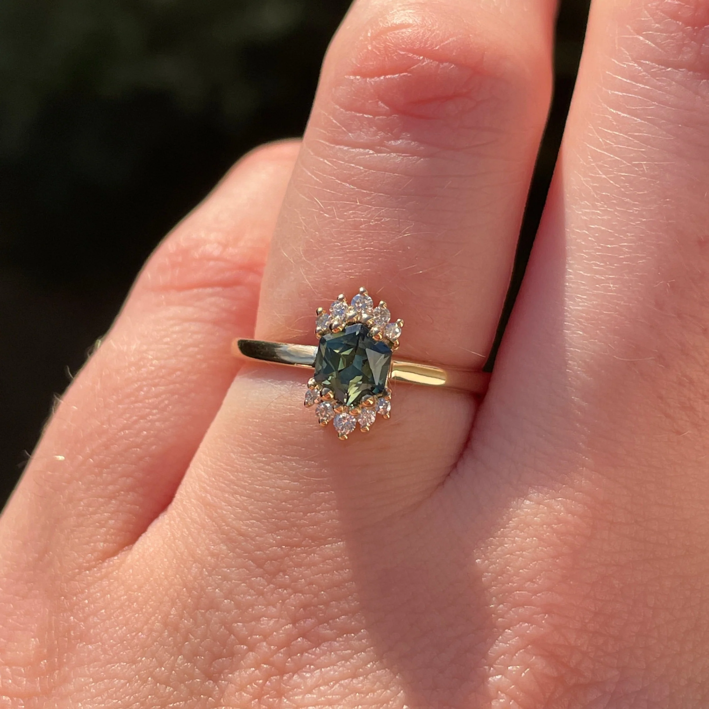 Ariana - Hexagon Green Sapphire Halo Engagement Ring - Ready-to-Wear - Image 3