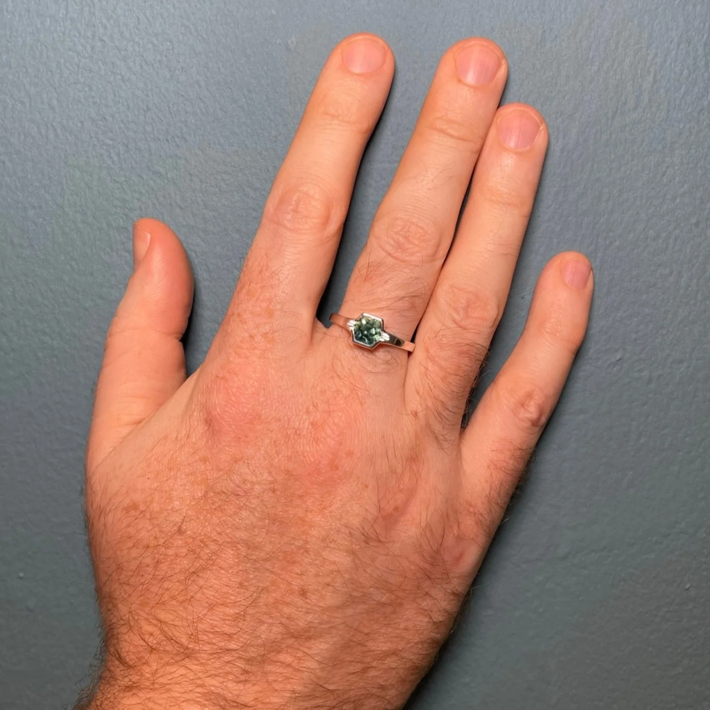 Drew - Hexagon Cut Teal Sapphire Solitaire Unisex Custom Engagement Ring - Image 3