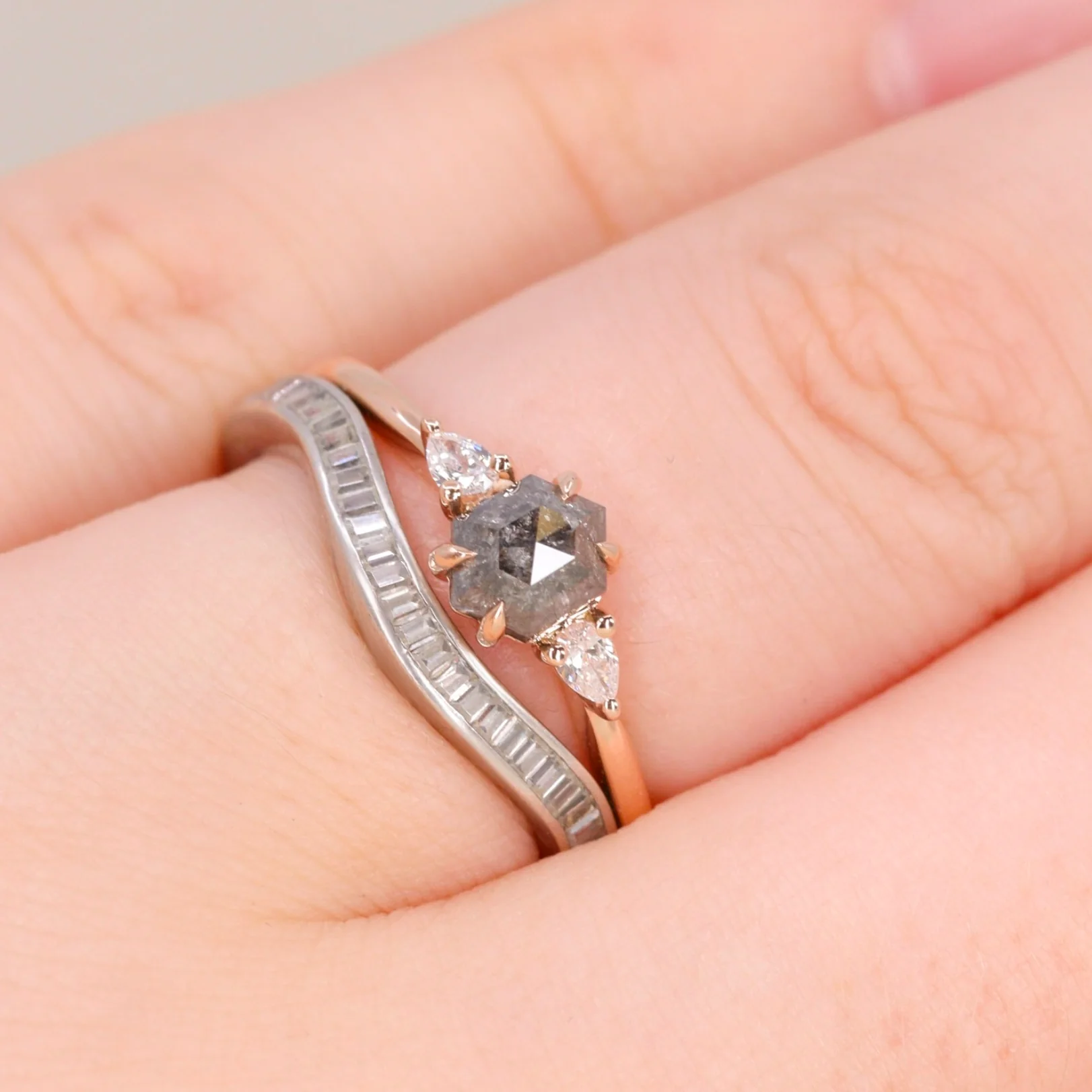 Elspeth - Hexagon Salt & Pepper Diamond Trilogy Engagement Ring - Ready-to-Wear - Image 4