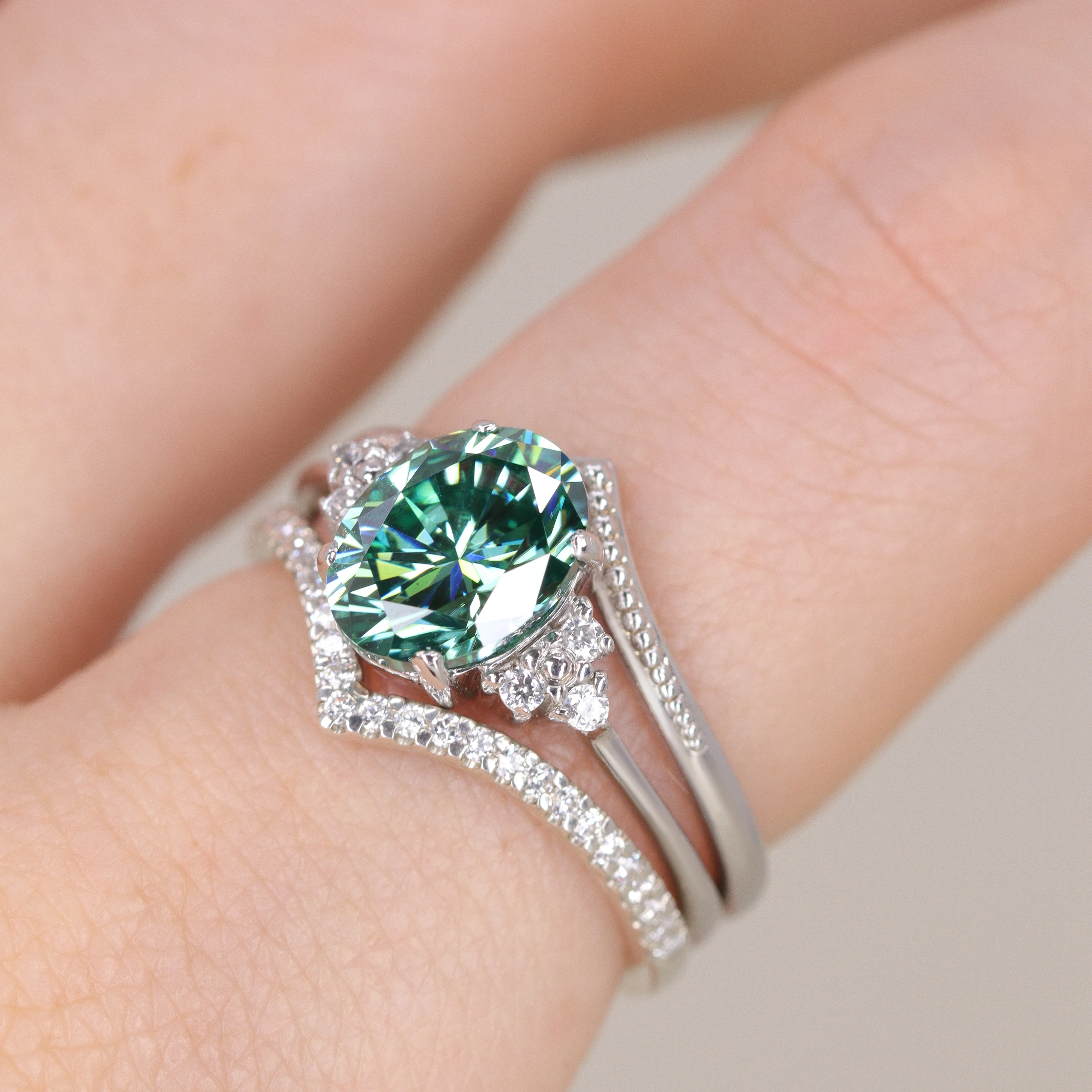 Henrietta - Oval Cut Teal Moissanite and Diamond Cluster Made-to-Order Engagement Ring - Image 5