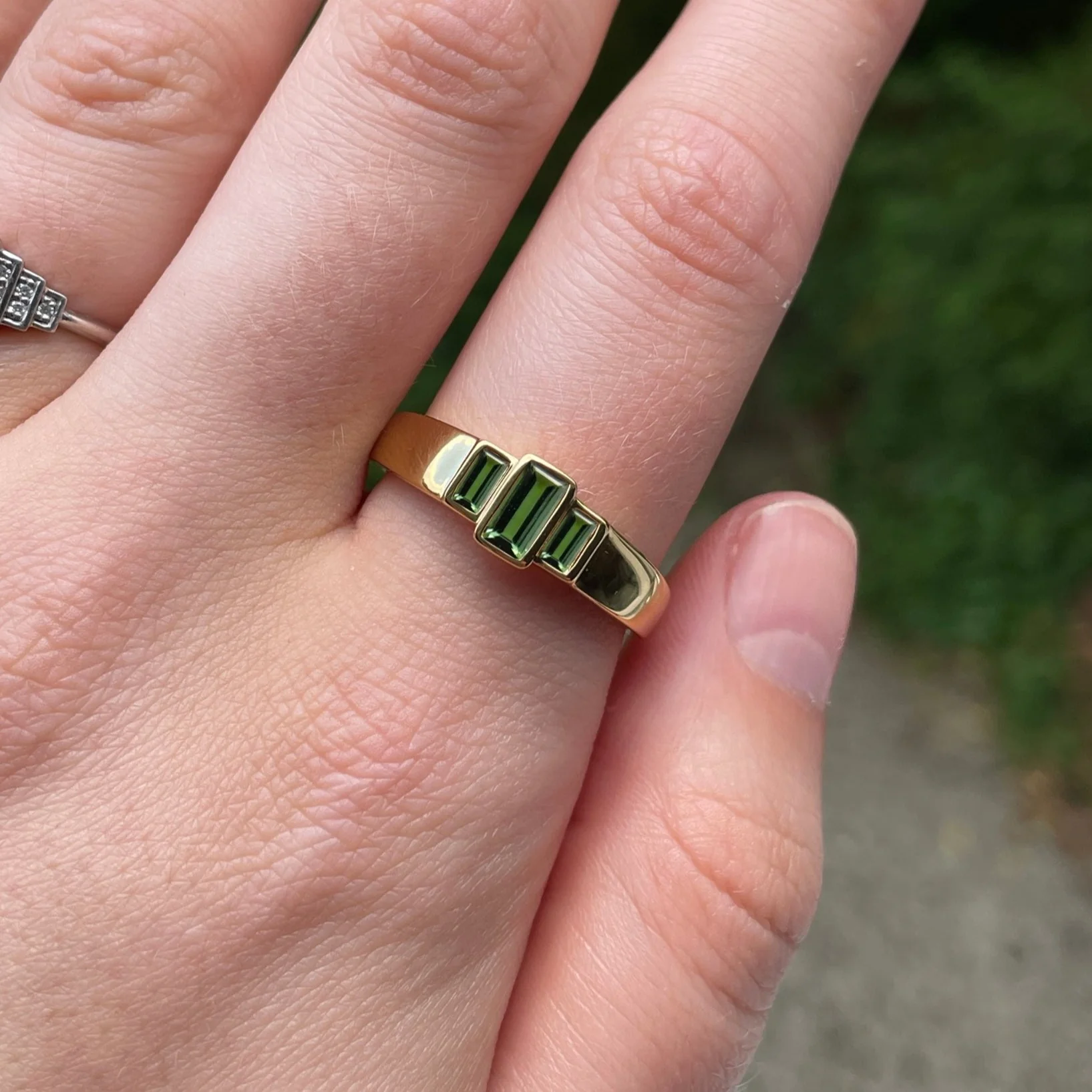 Jesse - Baguette Cut Green Tourmaline Trilogy Unisex Custom Engagement Ring - Image 4