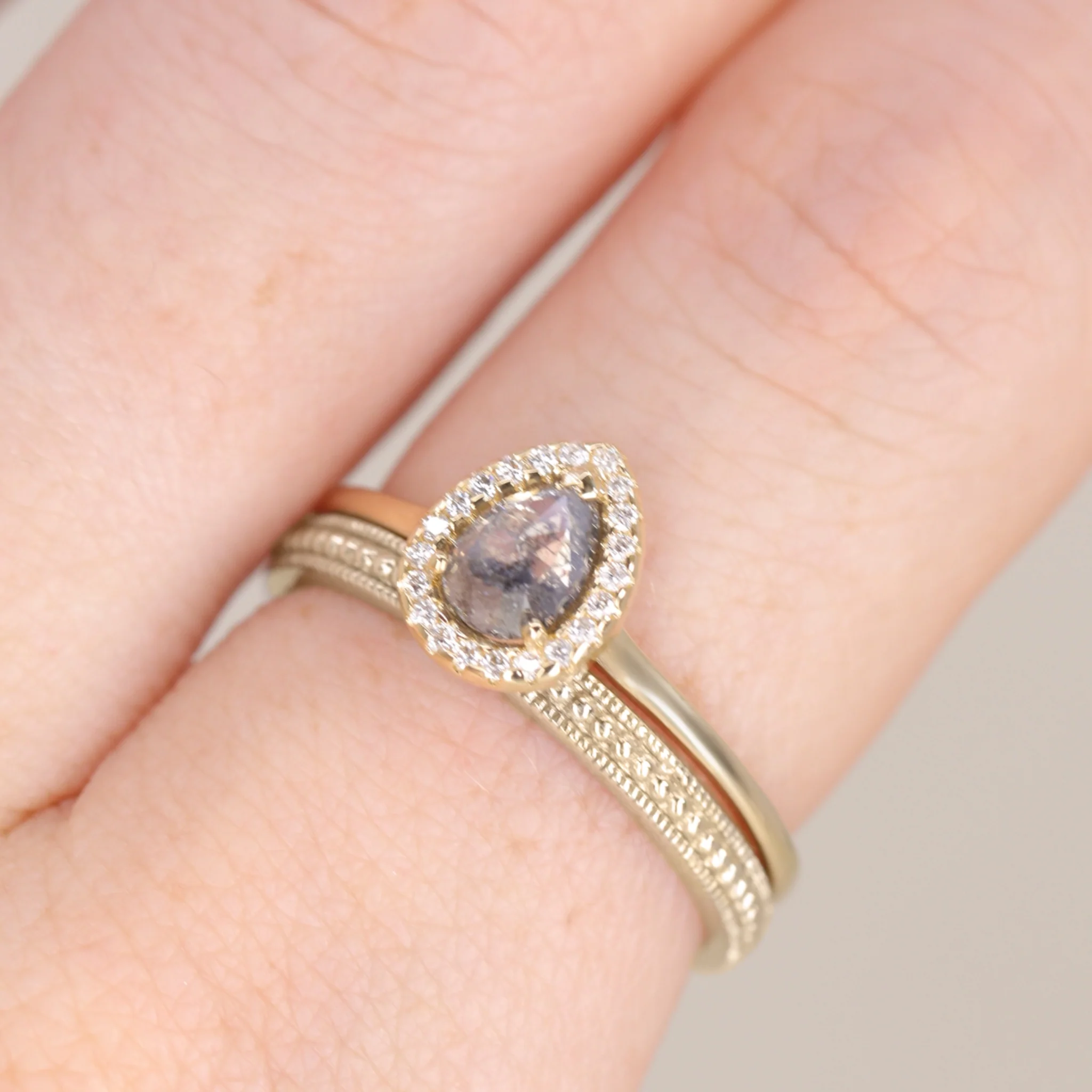Winter - Pear Salt & Pepper Diamond Halo Engagement Ring - Ready-to-Wear - Image 5